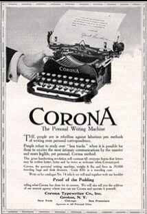 1916 Corona Typewriter ad from S.L. Johnson archive, replaces lost original ad